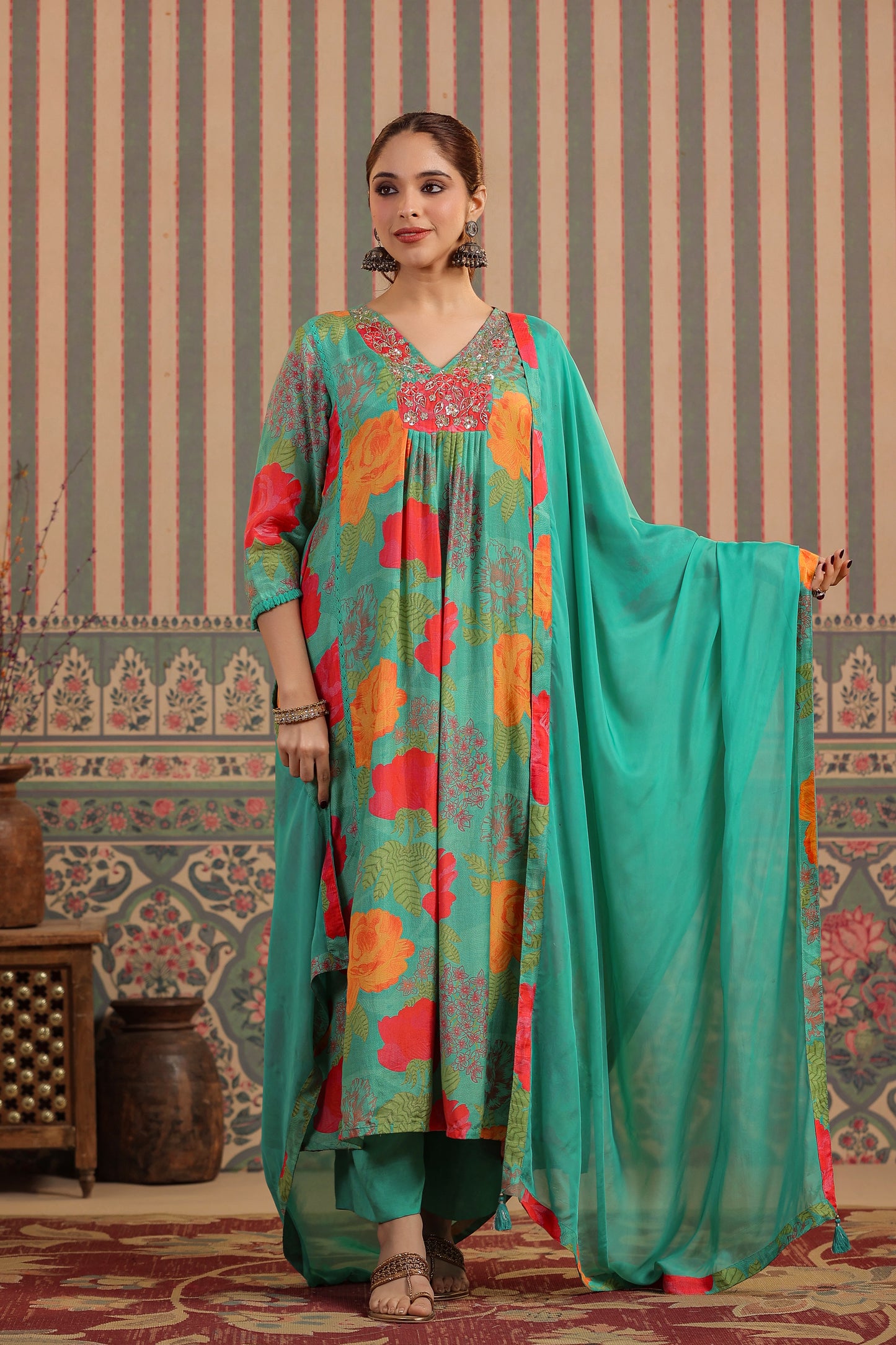 Green Floral Muslin Kurta Set