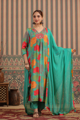 Green Floral Muslin Kurta Set