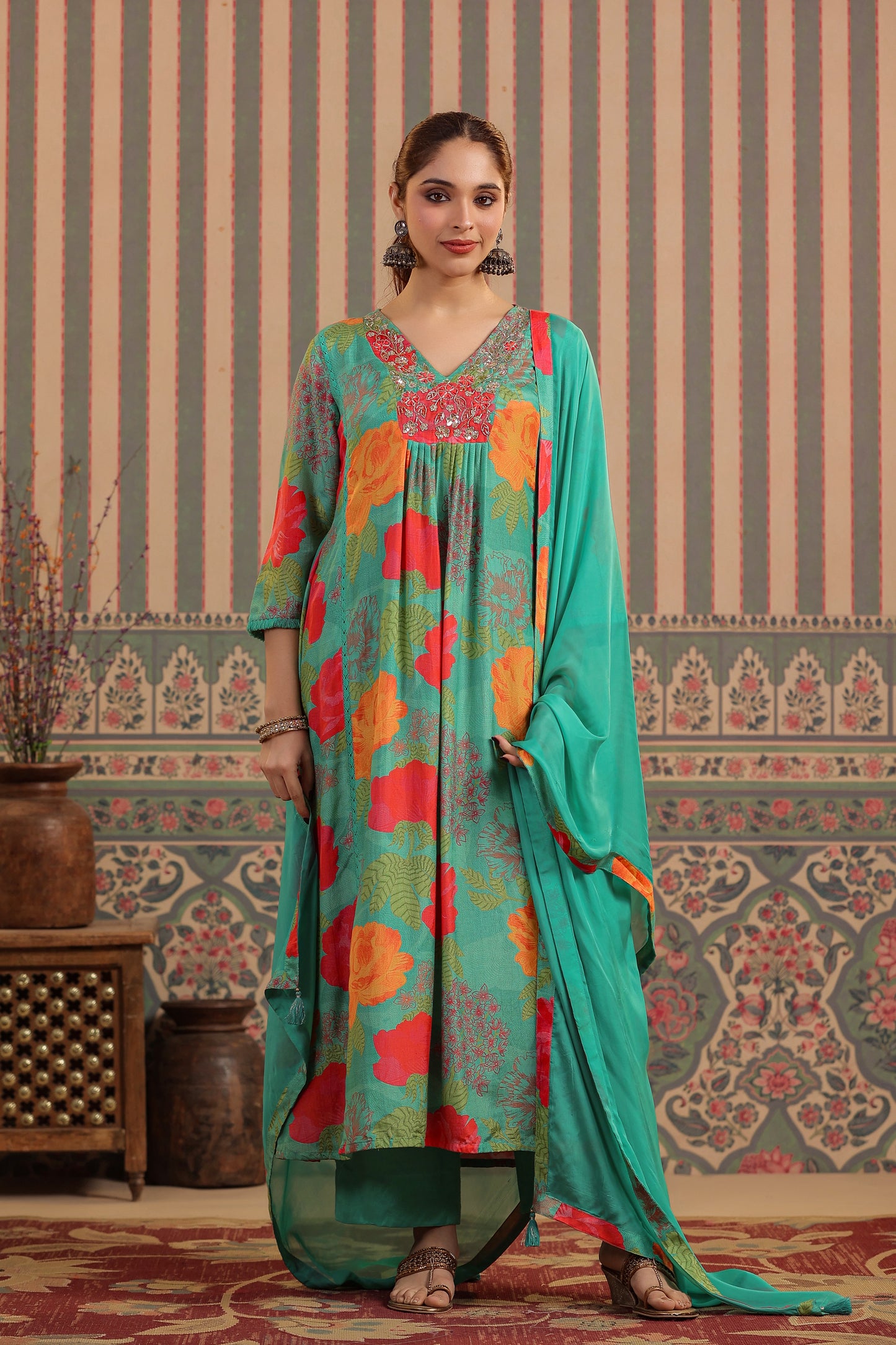 Green Floral Muslin Kurta Set
