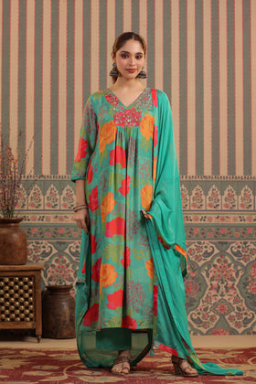 Green Floral Muslin Kurta Set