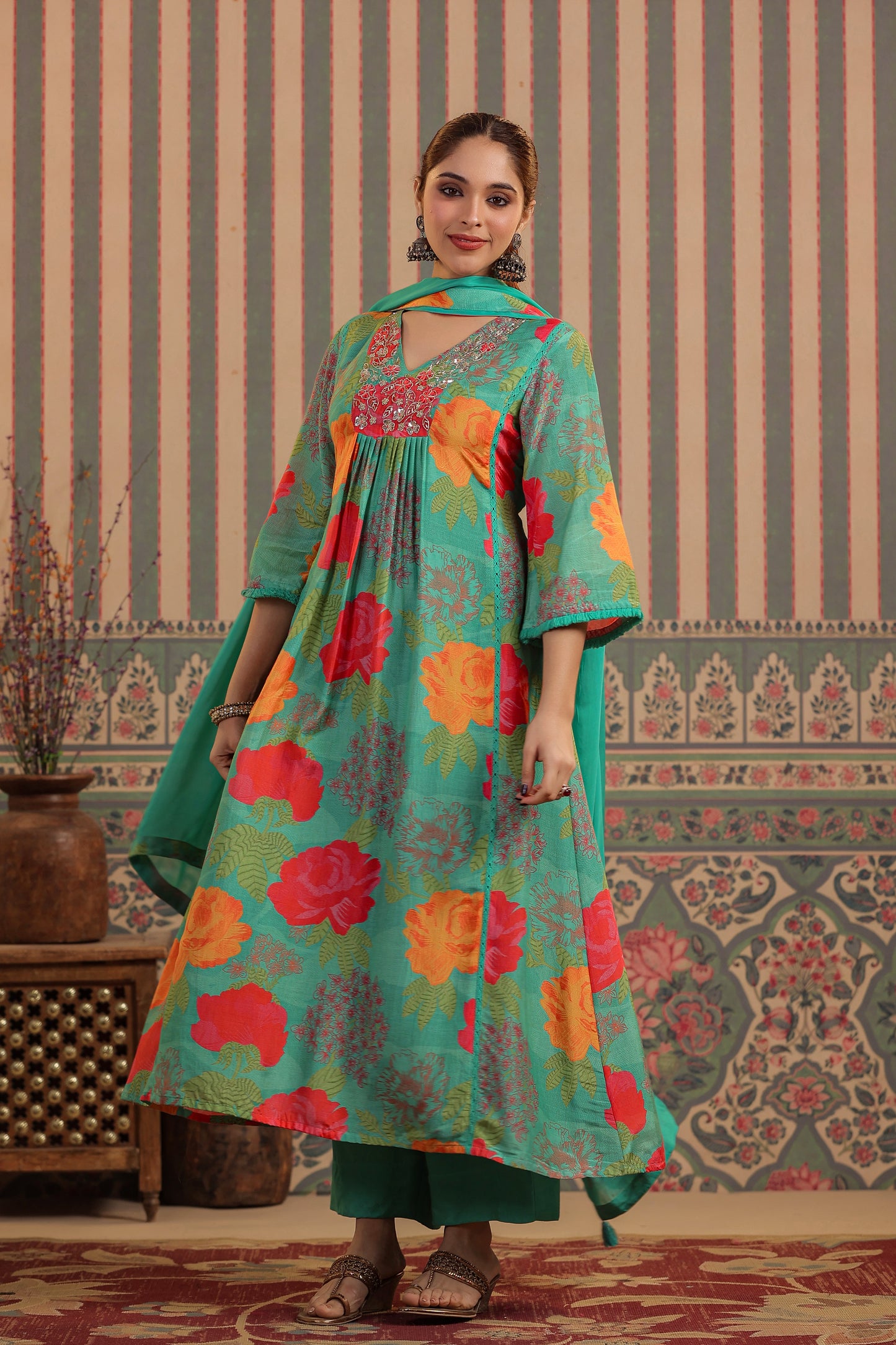 Green Floral Muslin Kurta Set