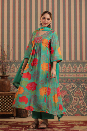 Green Floral Muslin Kurta Set