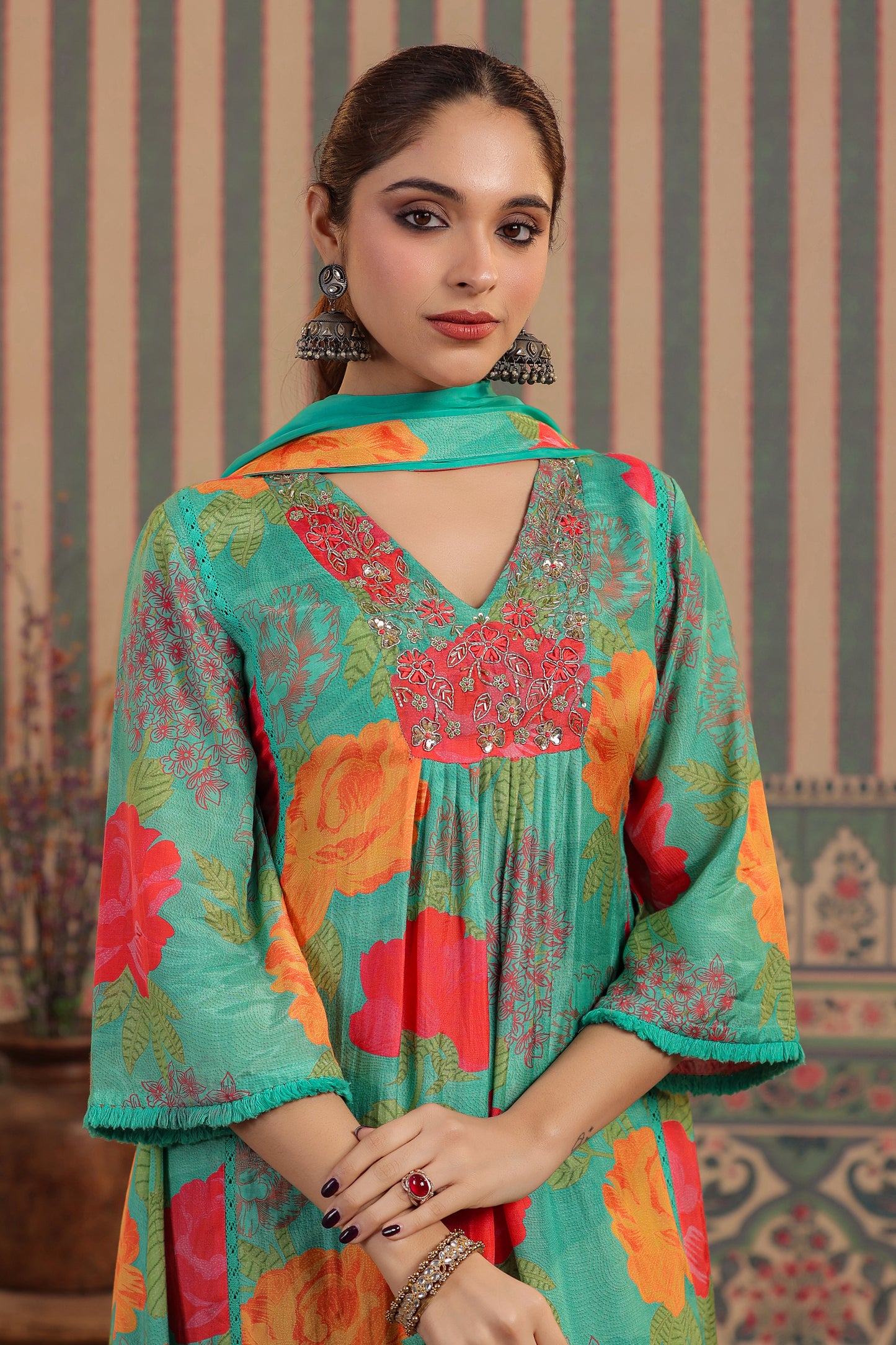 Green Floral Muslin Kurta Set