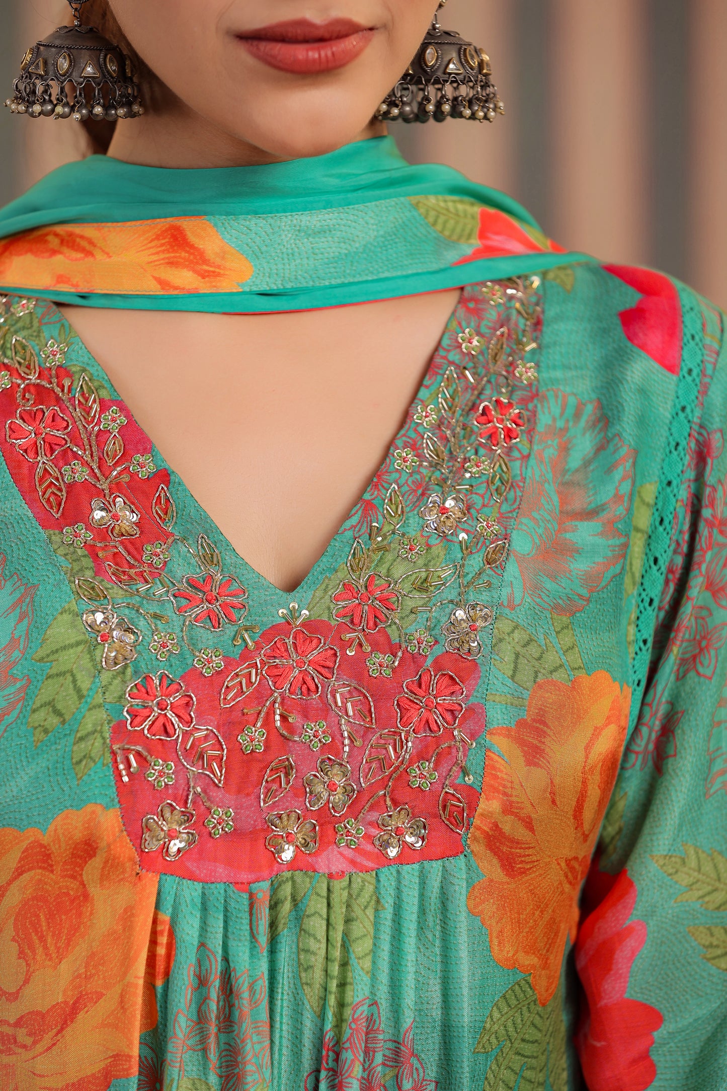 Green Floral Muslin Kurta Set