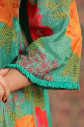 Green Floral Muslin Kurta Set