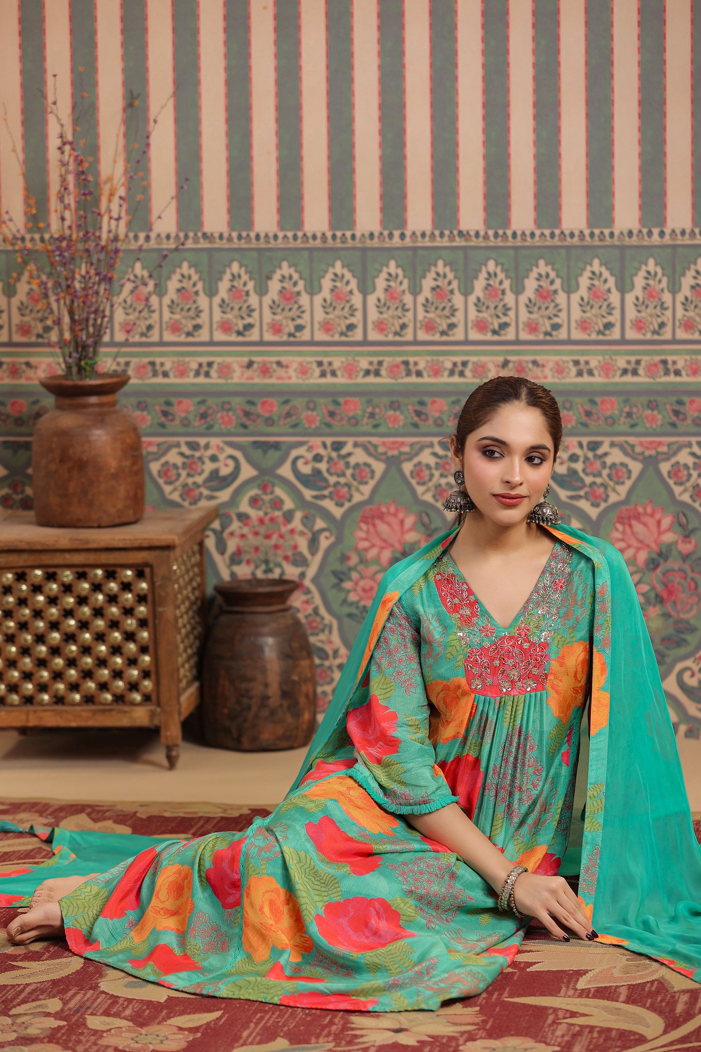 Green Floral Muslin Kurta Set