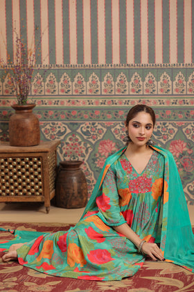 Green Floral Muslin Kurta Set