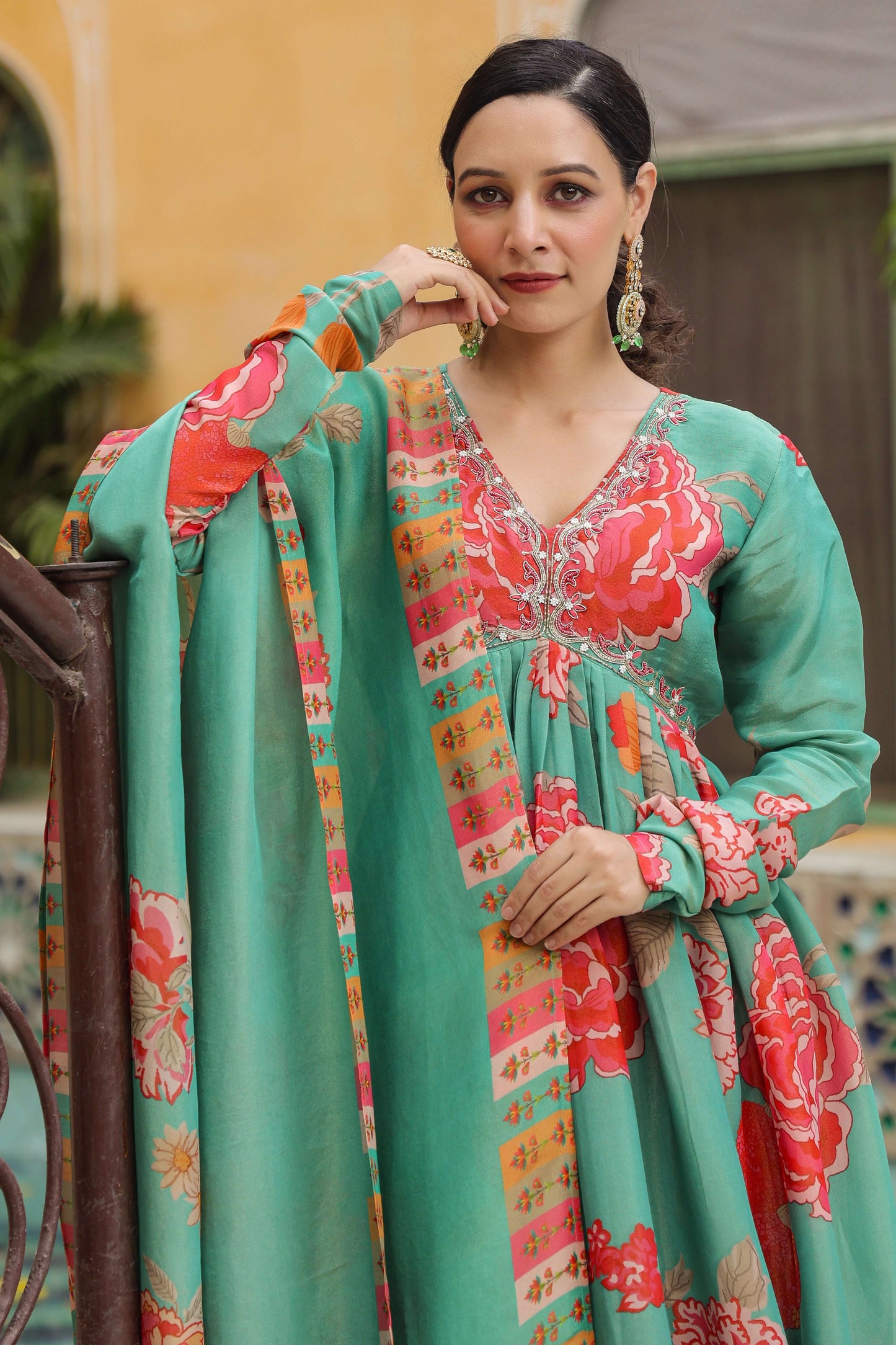 Green printed suit set in organza