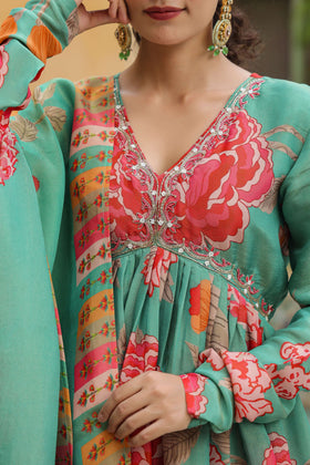 Green printed suit set in organza