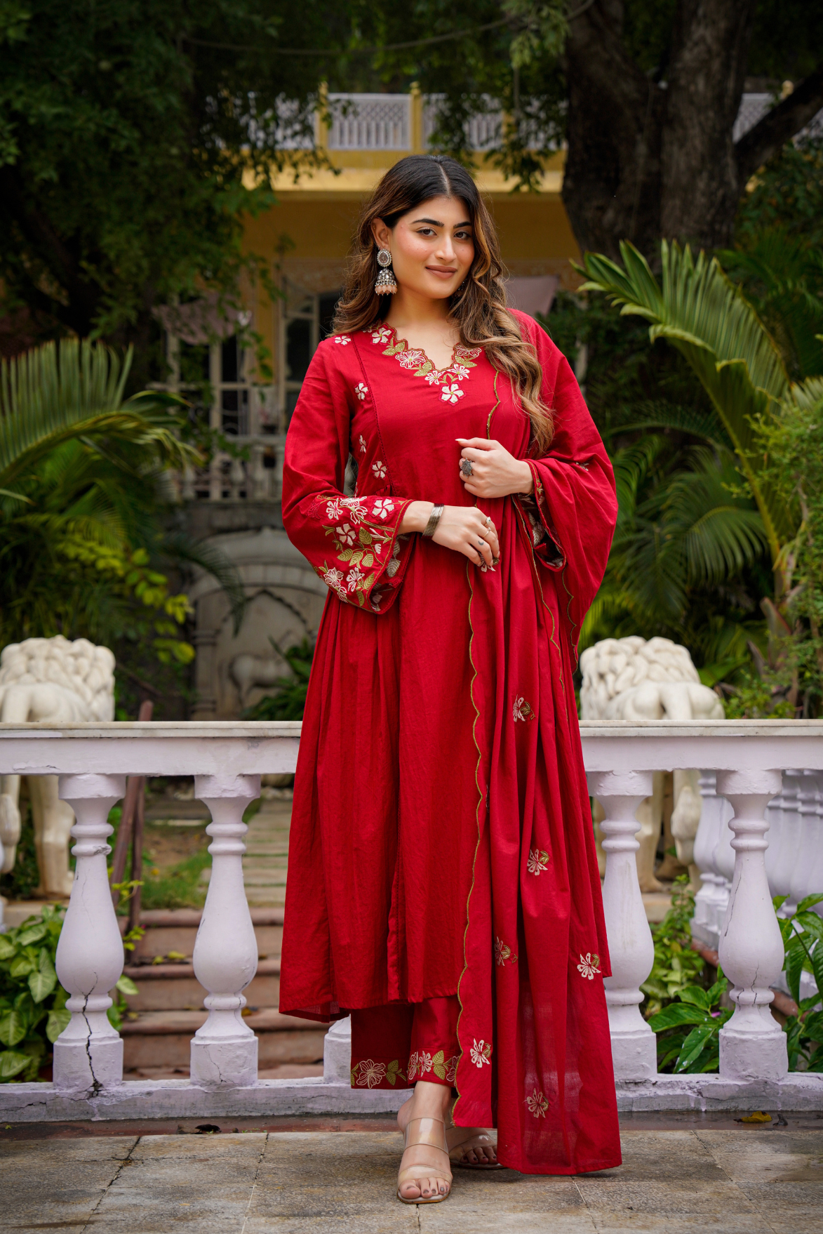 Crimson Charm Cotton Suit Set