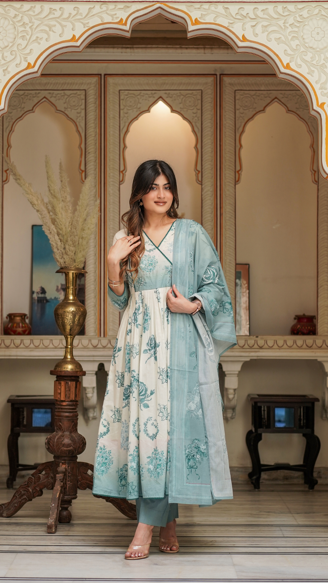 Off White Shades Of Blue Cotton Anarkali Set