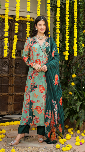 Sabz green Floral printed Angrakhaa set
