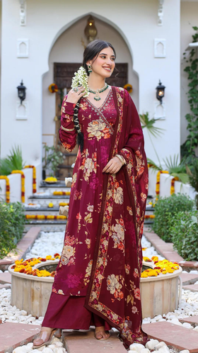Gehra Maroon Printed Angrakhaa set