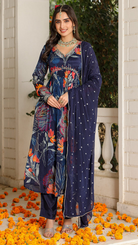 Blue Printed Floral Suit Set