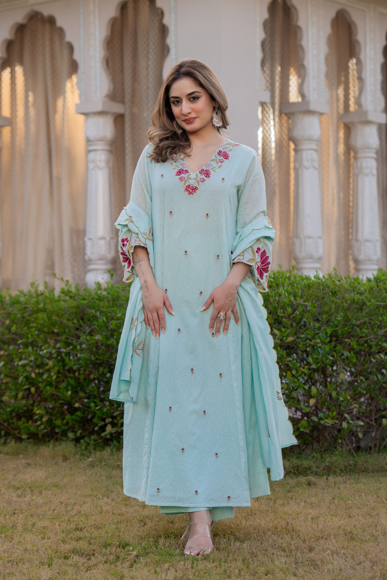 Azure Bloom Cotton Dobby Suit Set