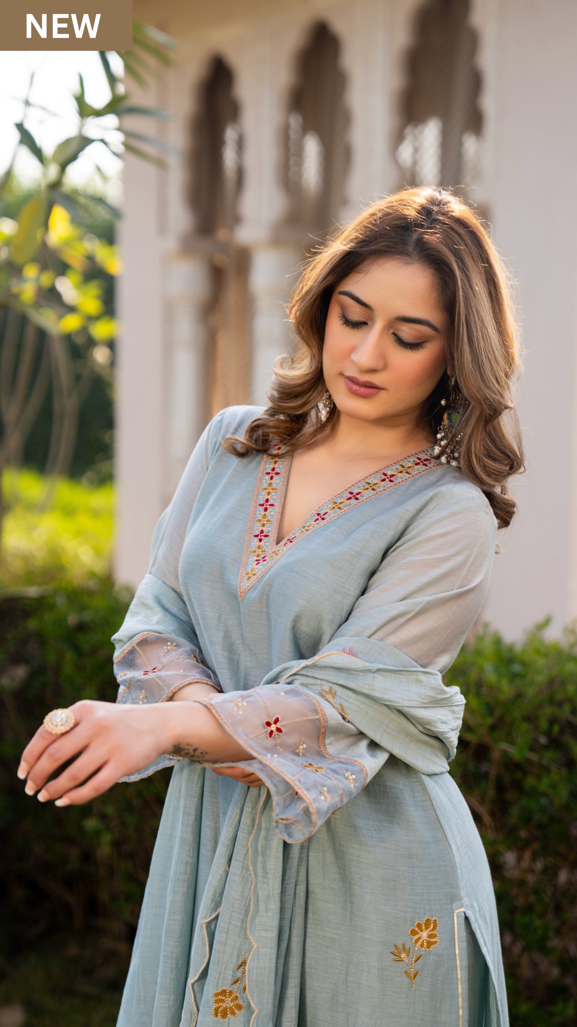 Sky Mist Chanderi Ensemble Suit Set