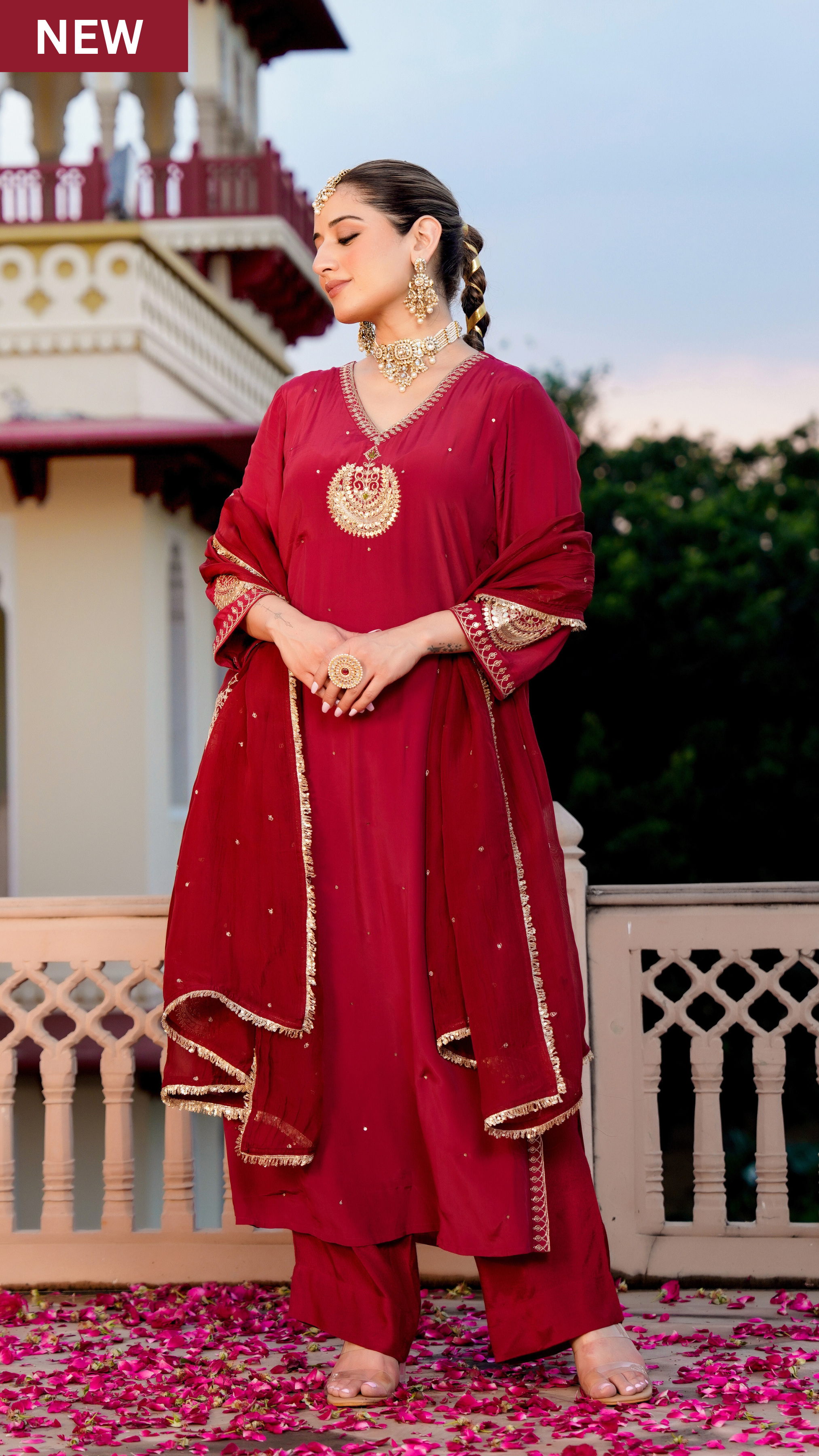 Royal Ruby Crepe Suit Set - Ethnic Wear by Aykaa