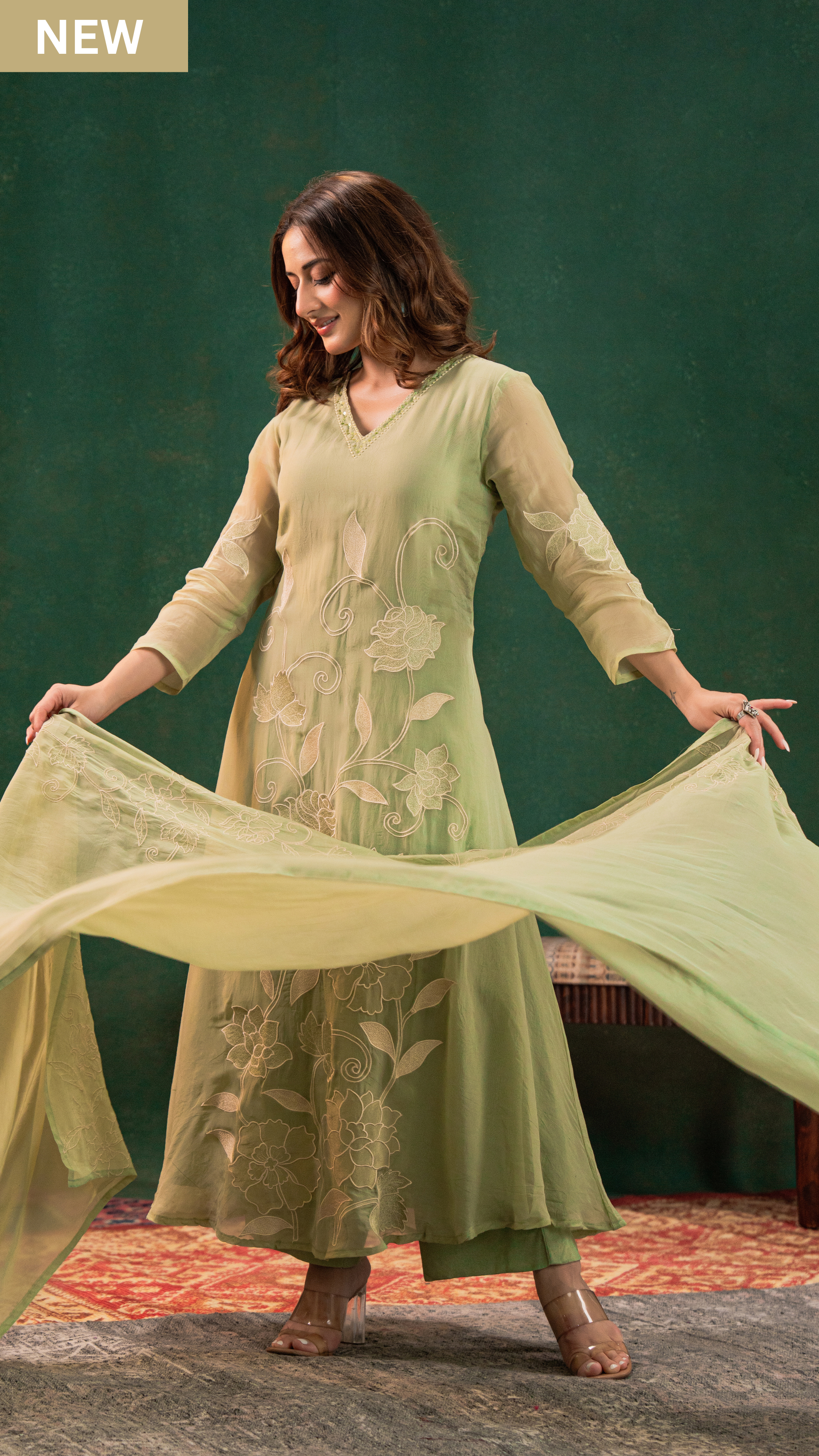 Pistachio Pearl Silk Suit Set