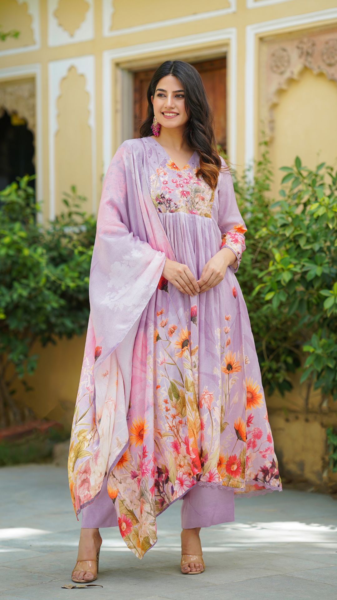 Lilac Floral print Anarkali Suit Set