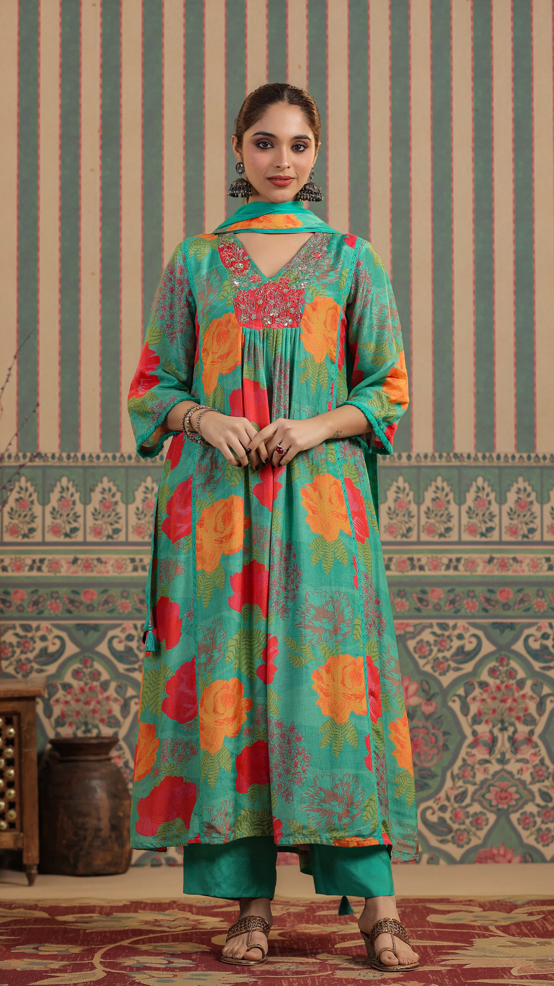 Green Floral Muslin Kurta Set