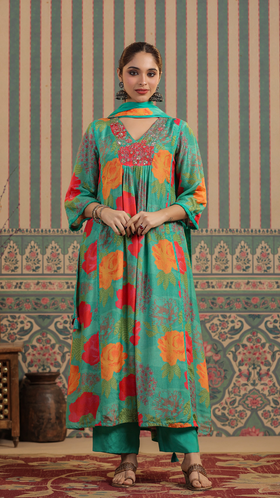 Green Floral Muslin Kurta Set