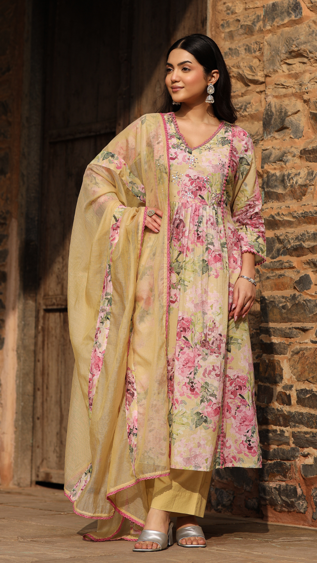 Yellow Cotton Anarkali Set