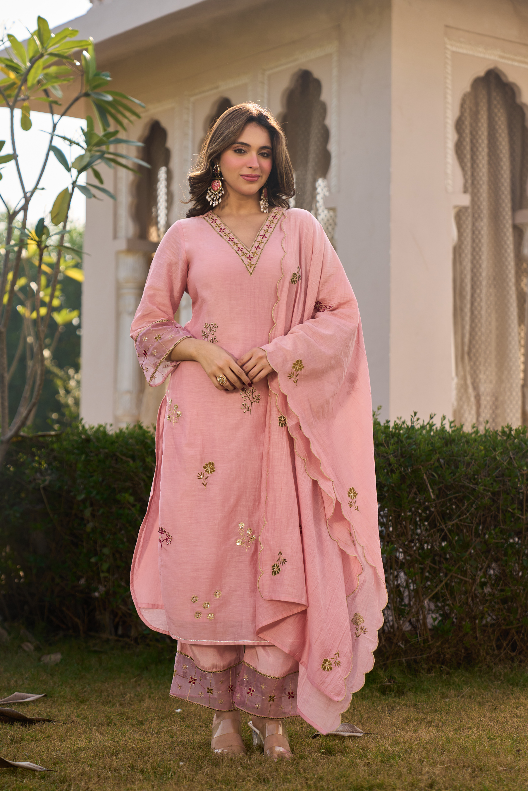 Blush Rose Chanderi Embroidered Suit Set