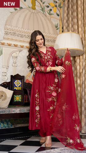 Blushed Burgundy Mul Chanderi Suit Set