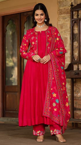 Cherry Red Silk & Printed Jacket Set