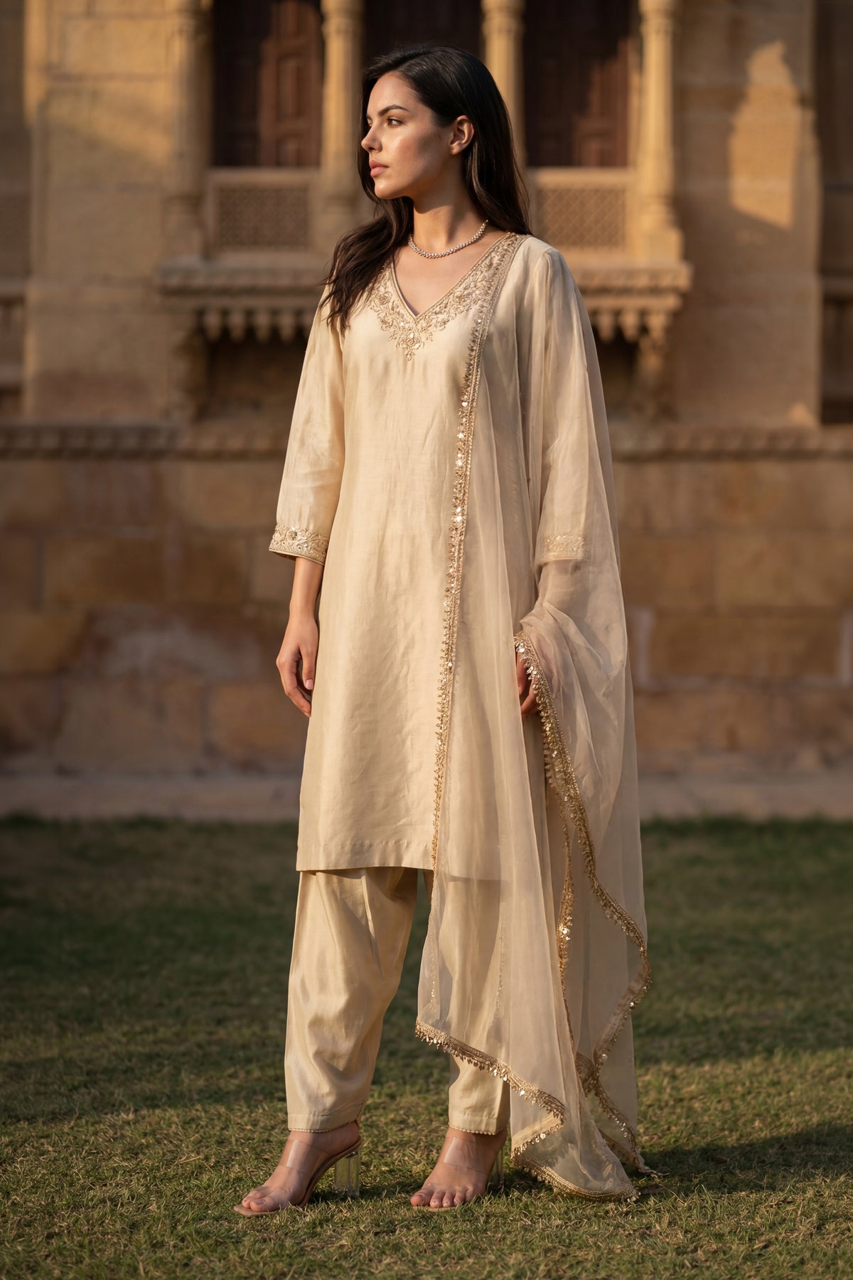 Ivory Bloom Chanderi Suit Set