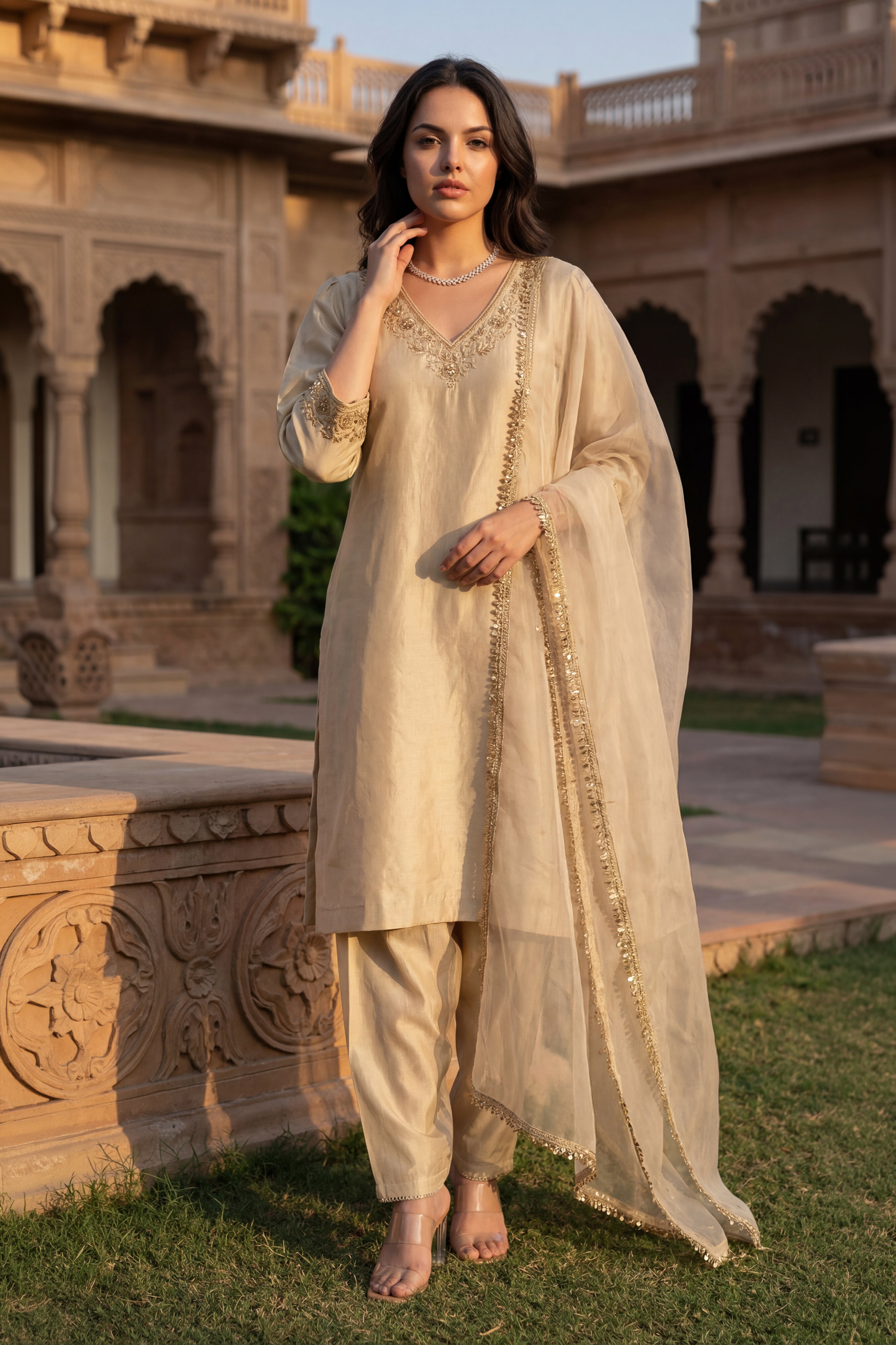 Ivory Bloom Chanderi Suit Set