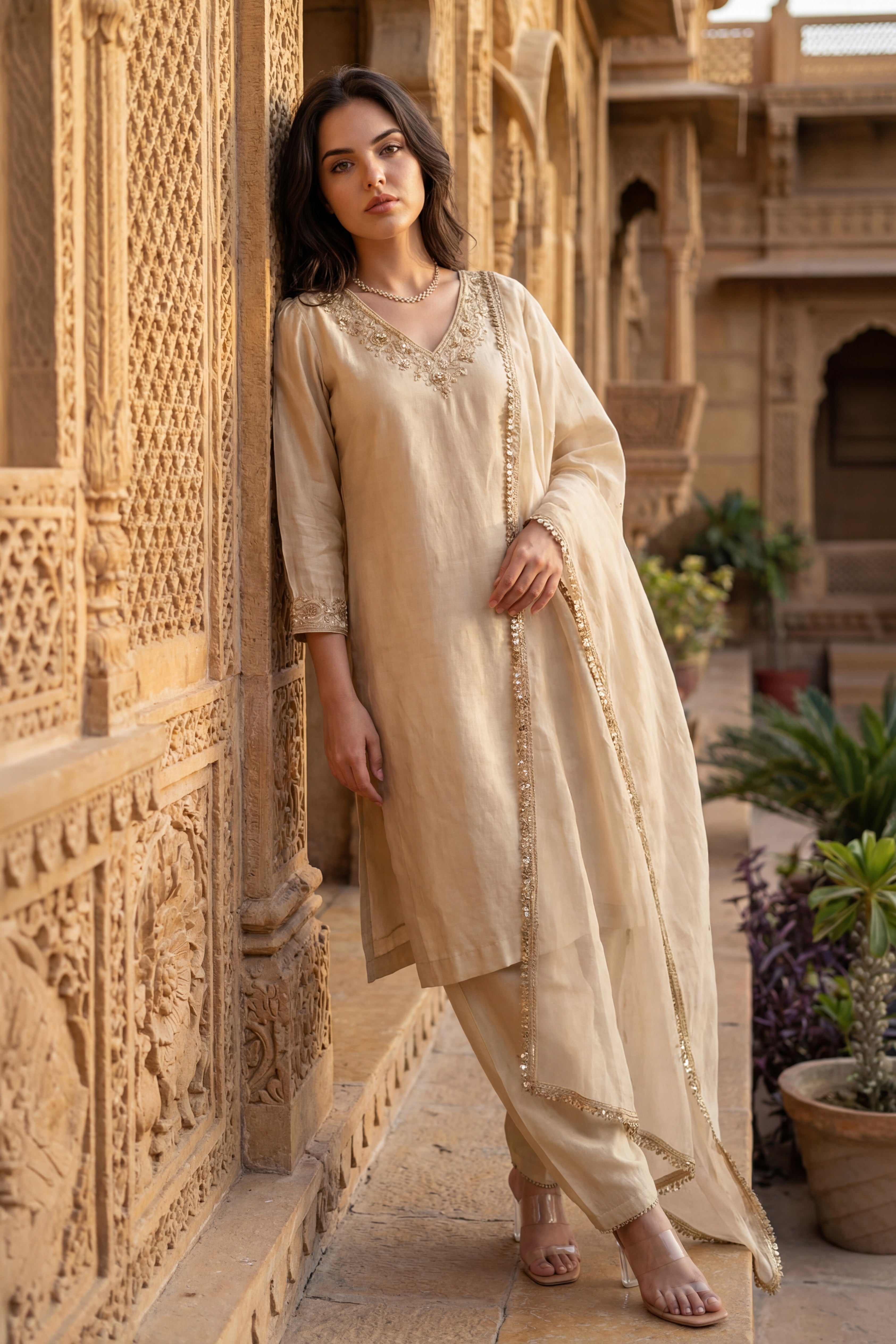 Ivory Bloom Chanderi Suit Set
