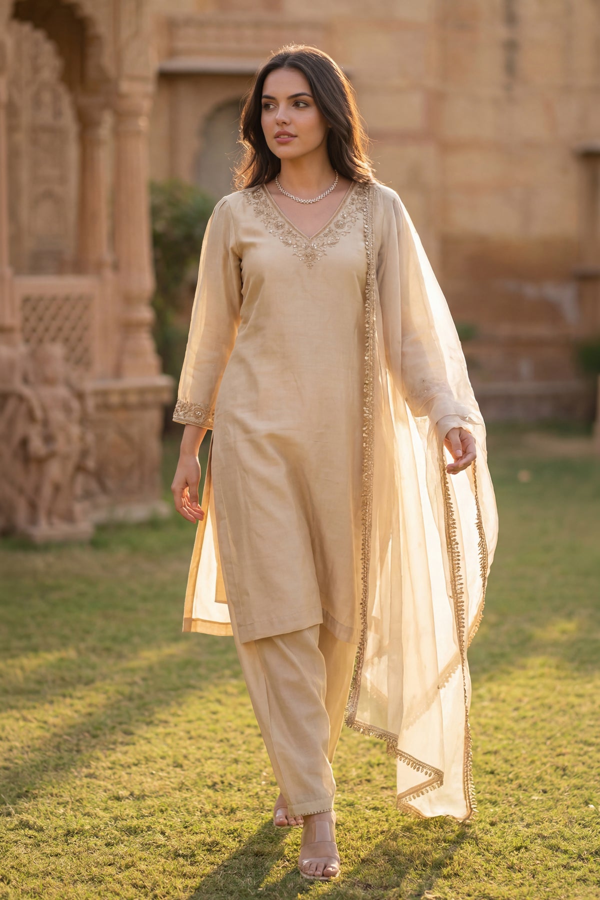 Ivory Bloom Chanderi Suit Set