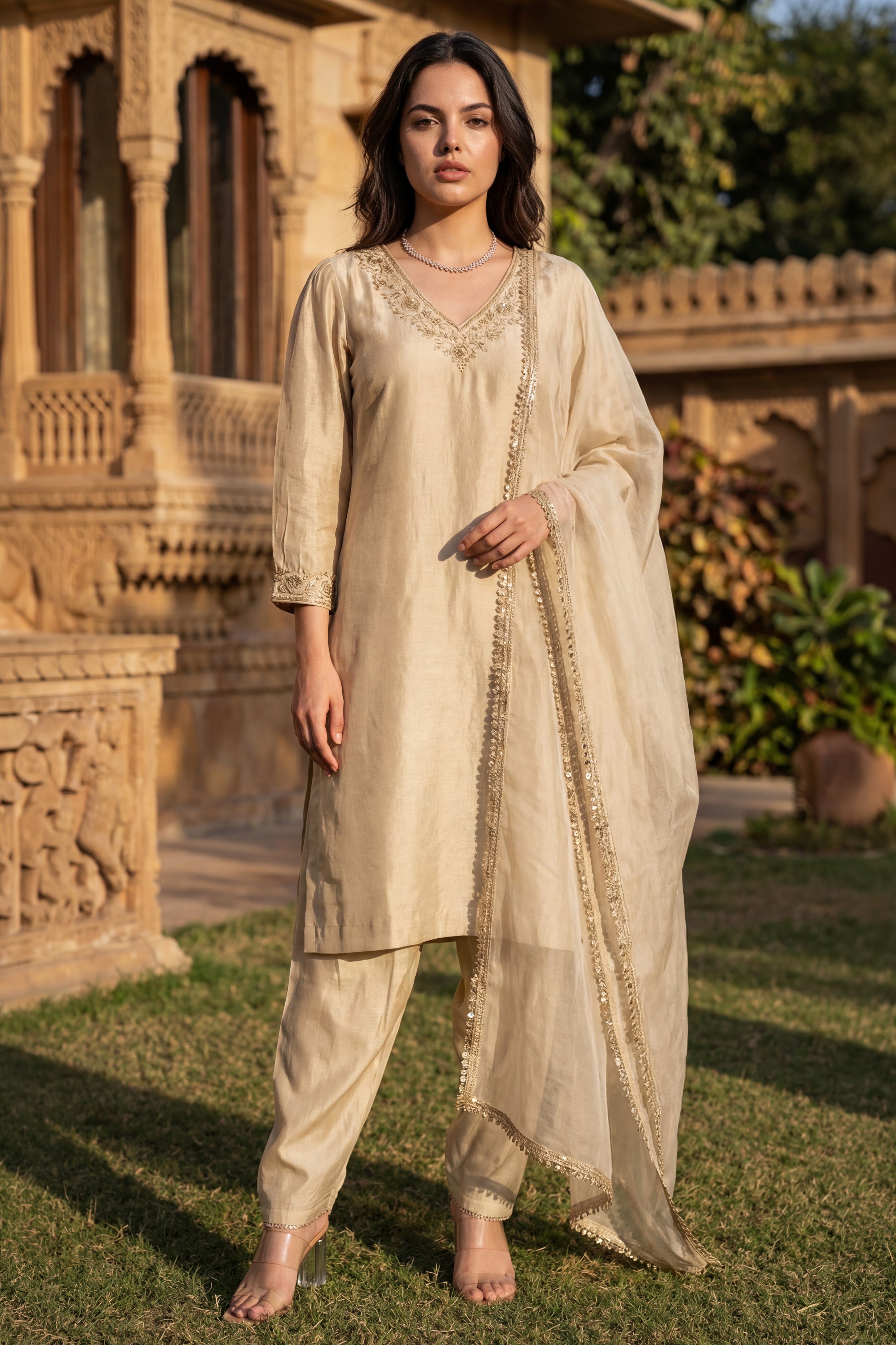 Ivory Bloom Chanderi Suit Set
