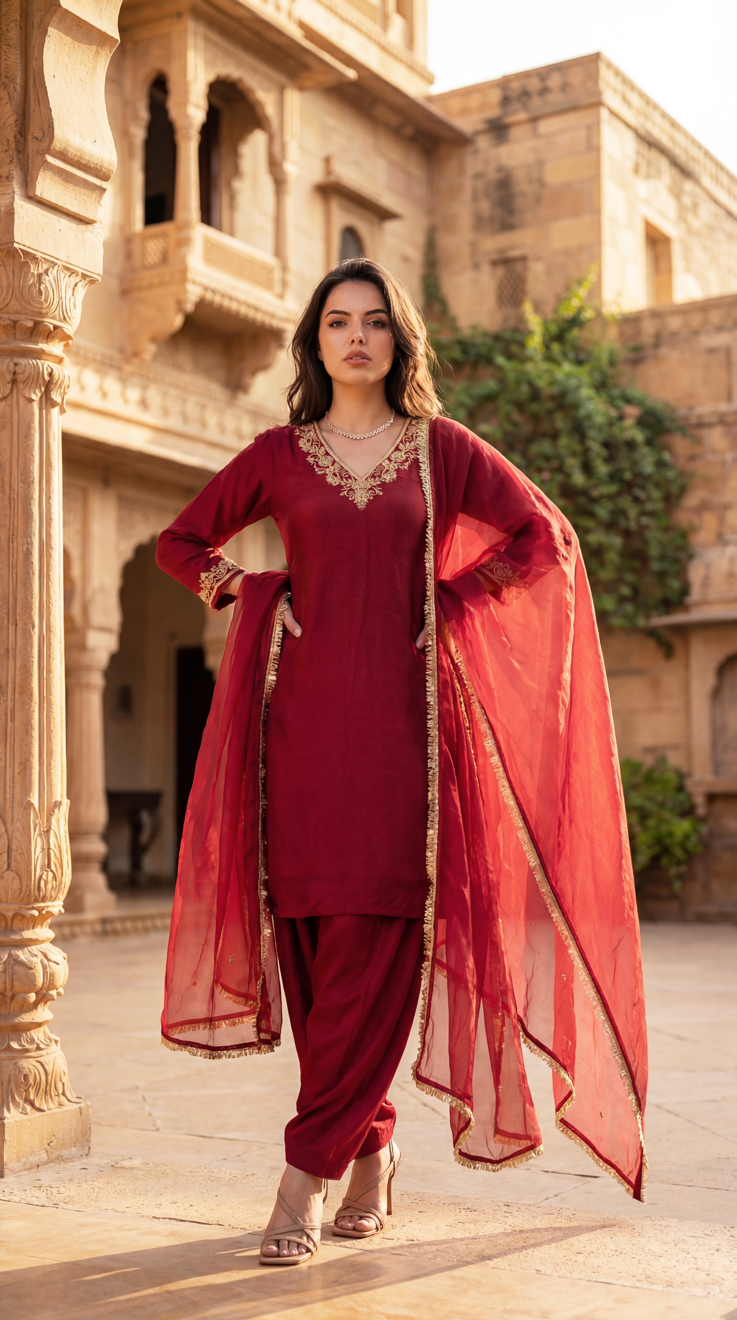 Deep Wine Chanderi Suit Set