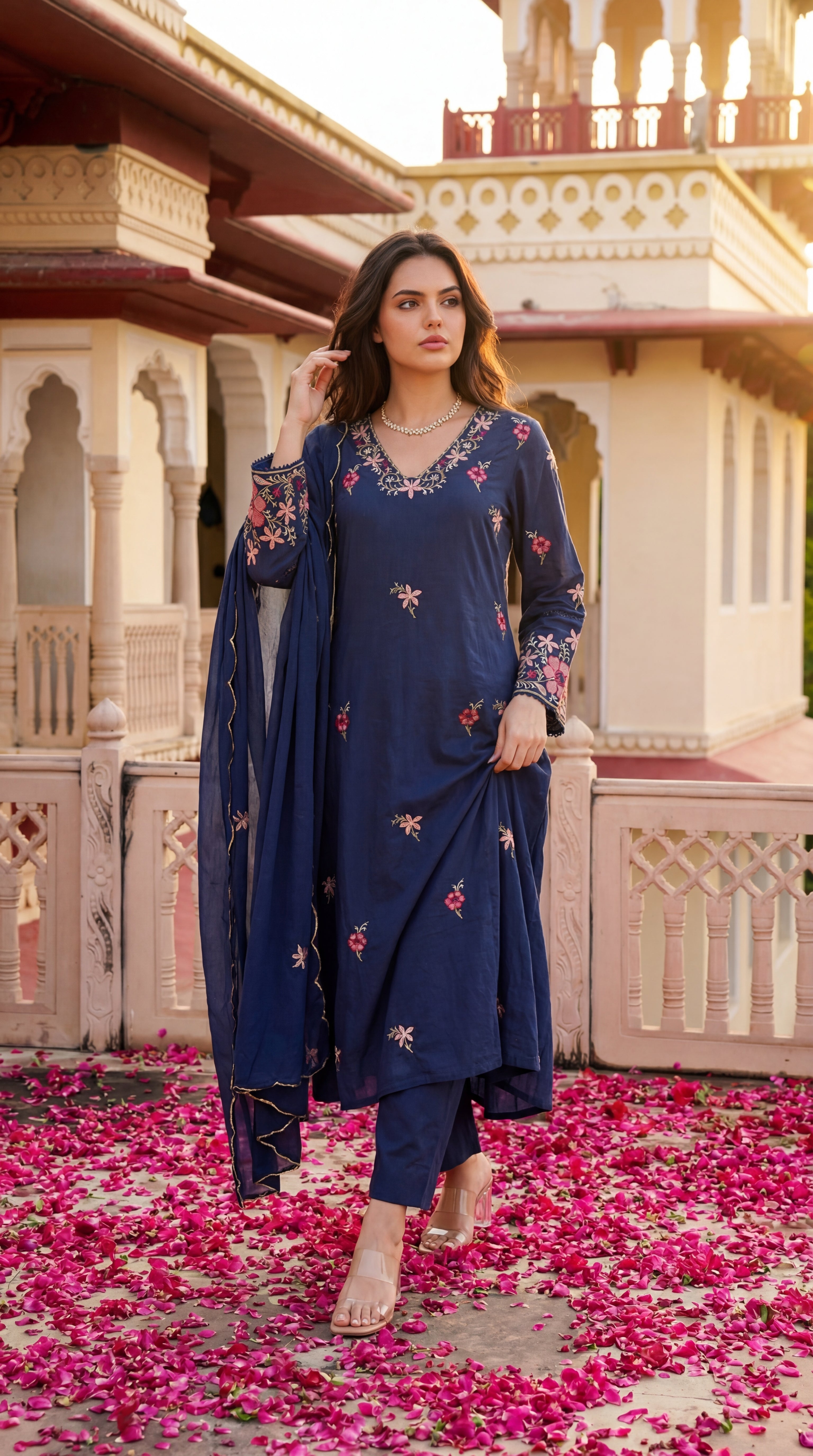 Navy Petal Grace Cotton Suit Set