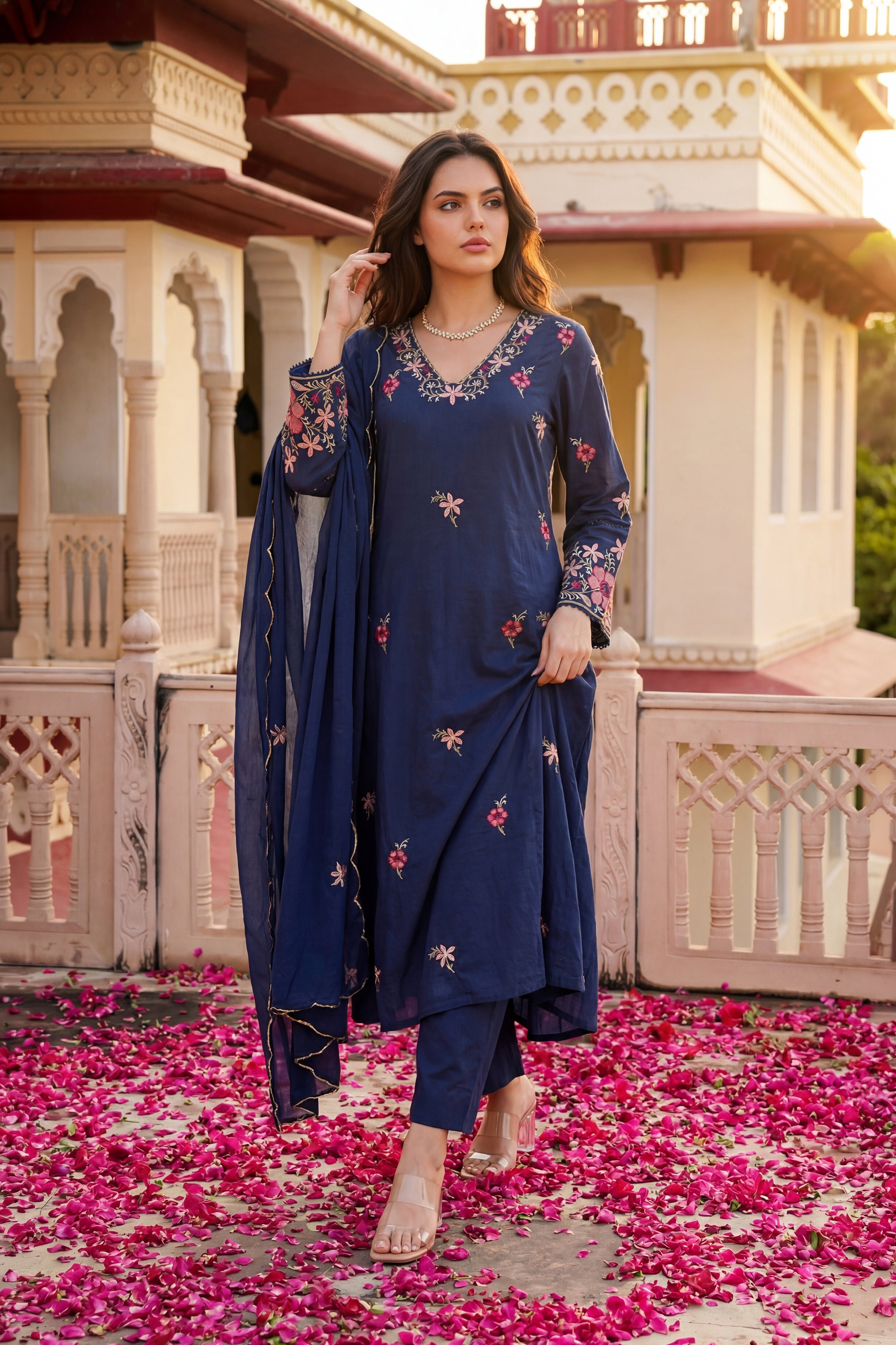 Navy Petal Grace Cotton Suit Set