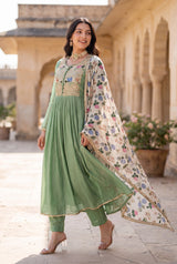 Pastel Green Chanderi Embroidered Suit Set