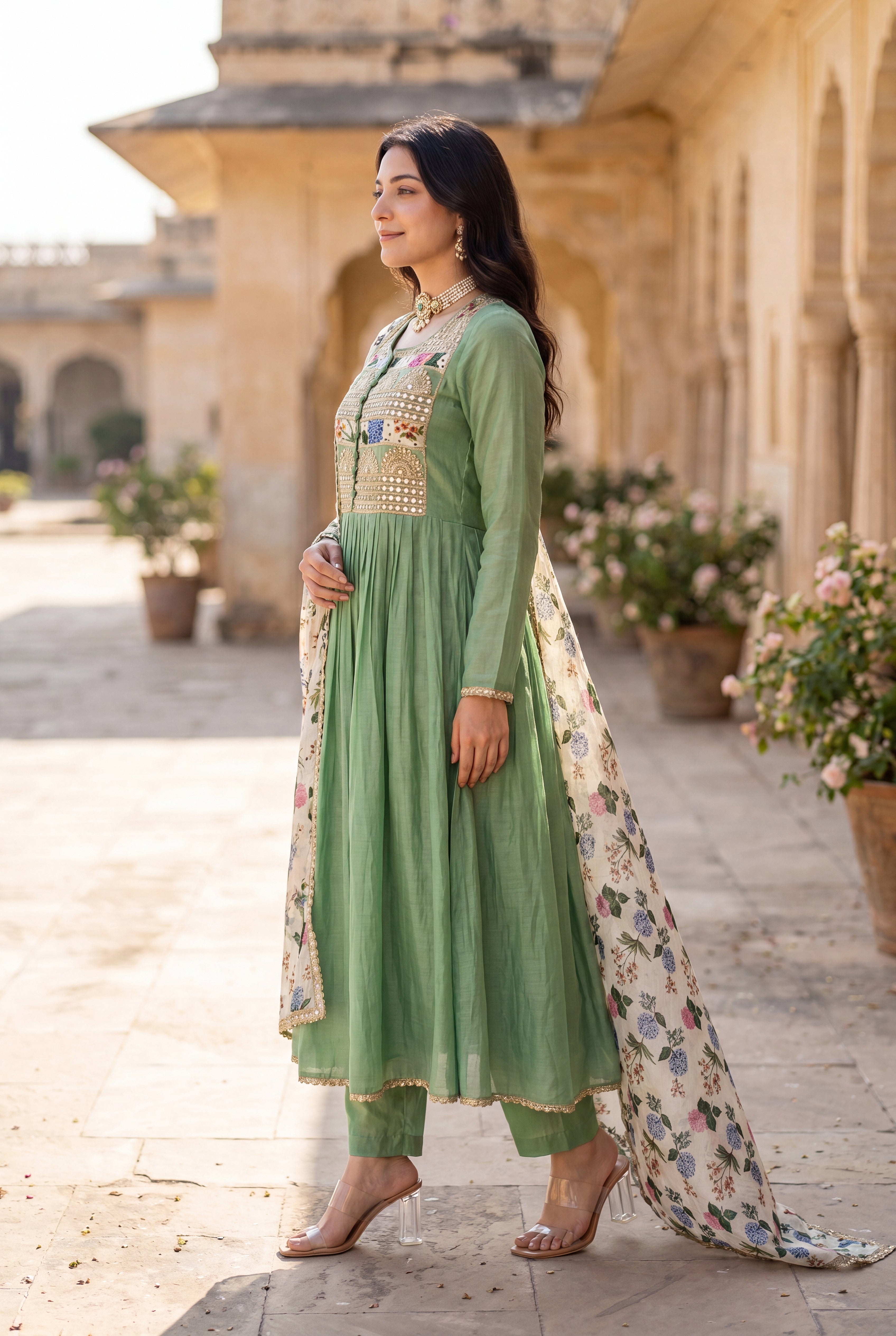 Pastel Green Chanderi Embroidered Suit Set