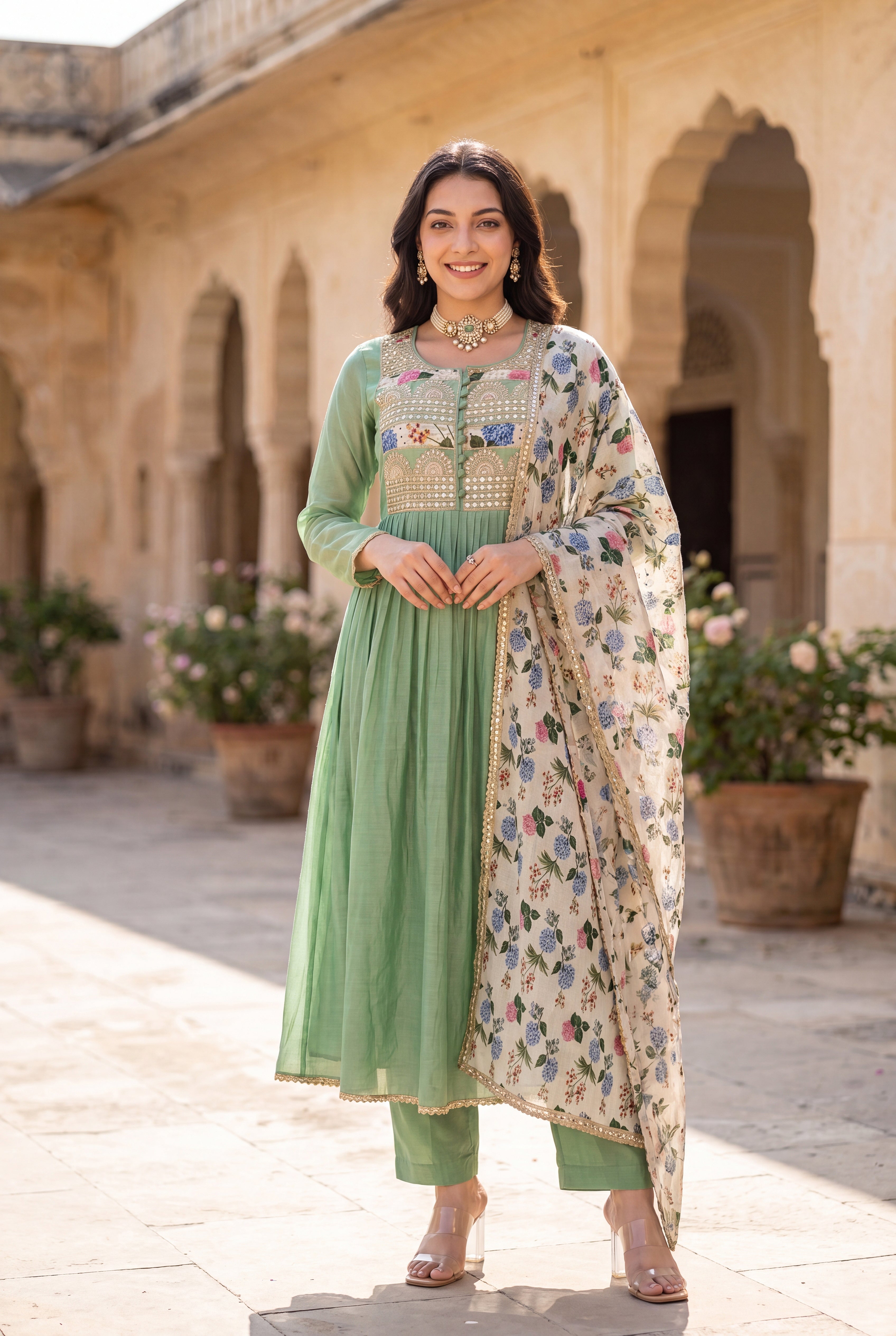 Pastel Green Chanderi Embroidered Suit Set