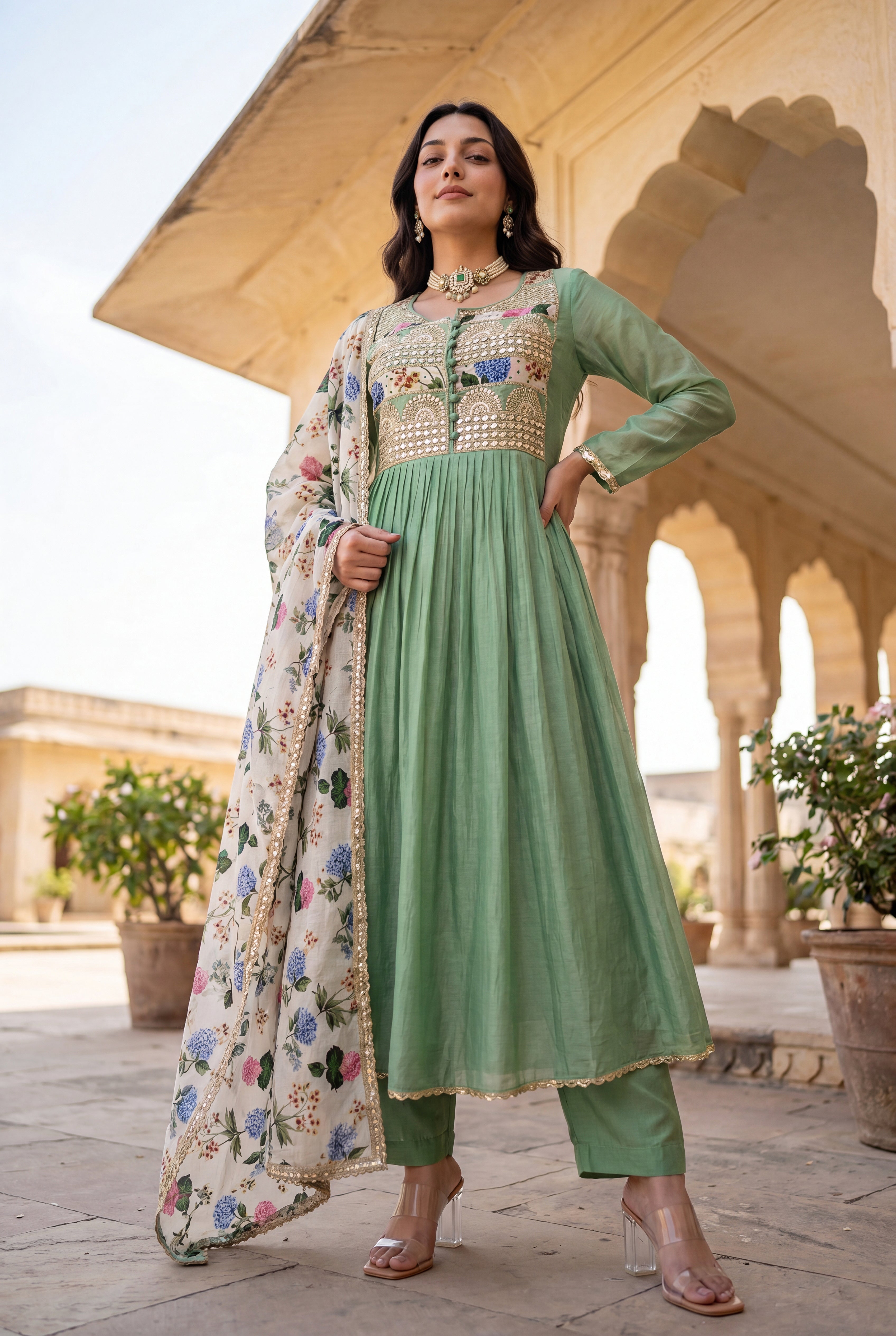 Pastel Green Chanderi Embroidered Suit Set