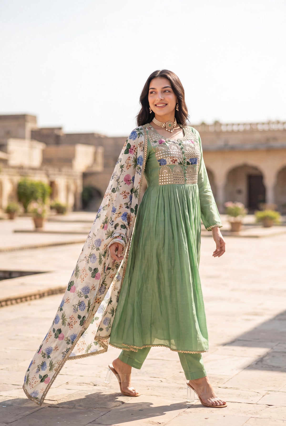 Pastel Green Chanderi Embroidered Suit Set