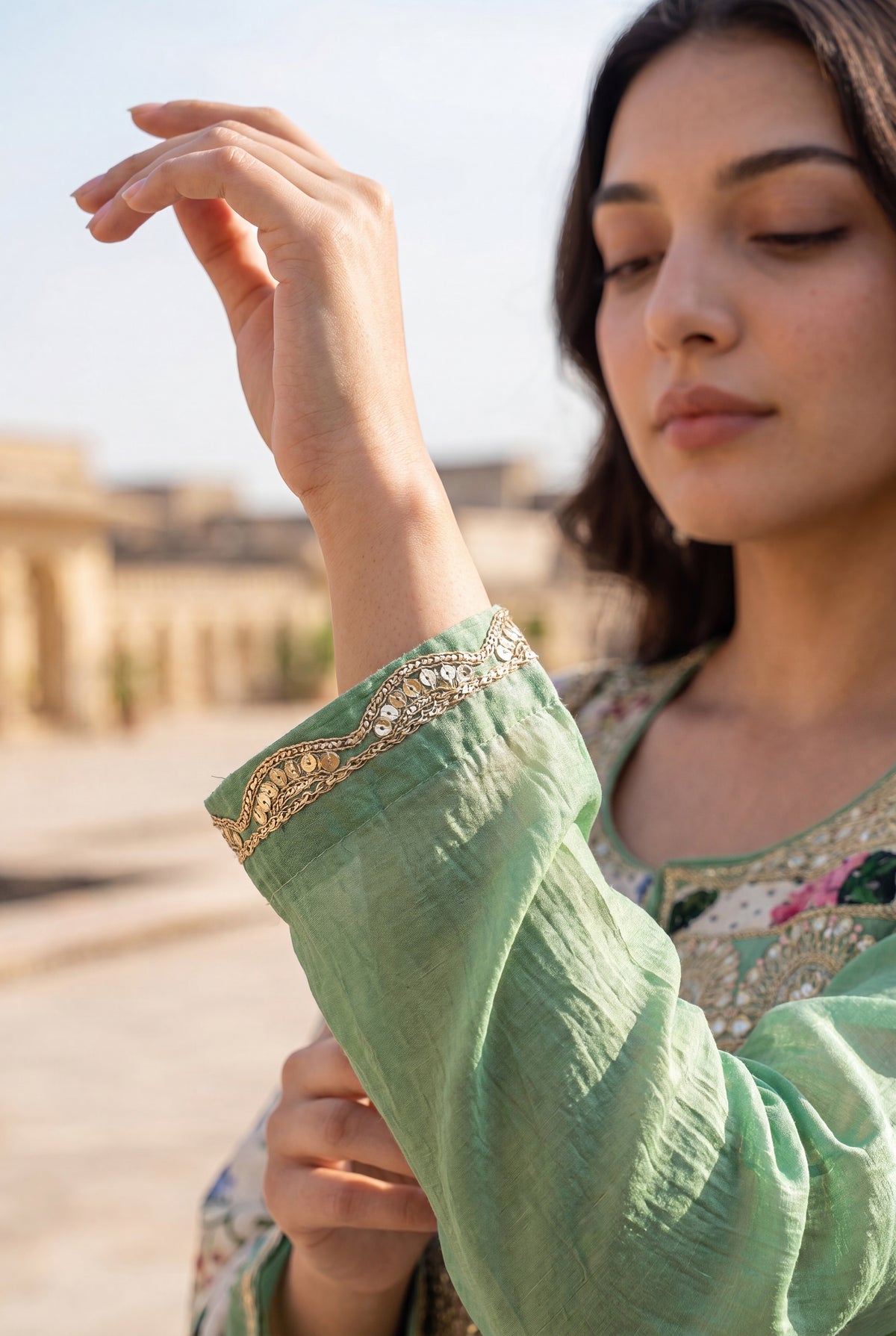 Pastel Green Chanderi Embroidered Suit Set