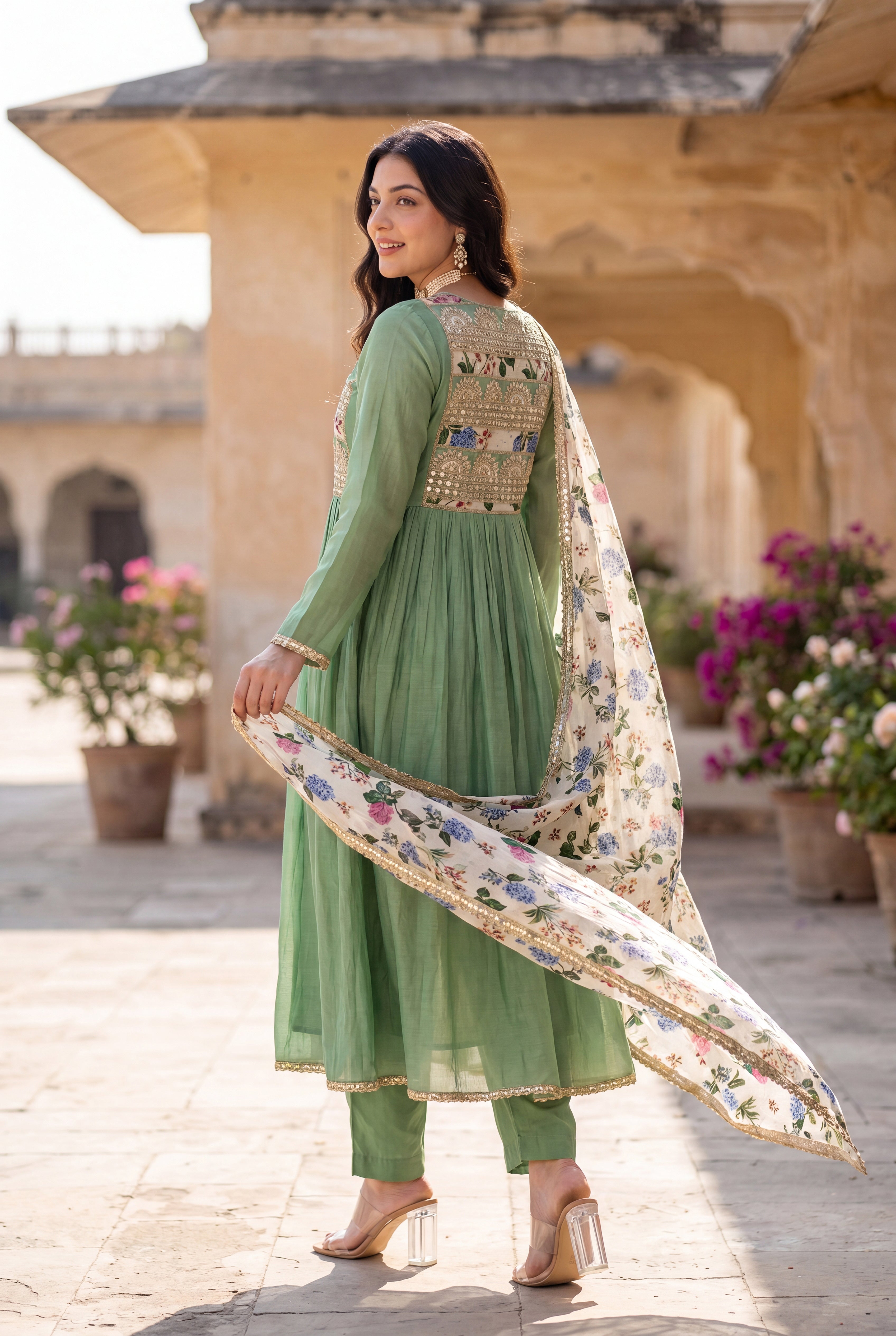 Pastel Green Chanderi Embroidered Suit Set