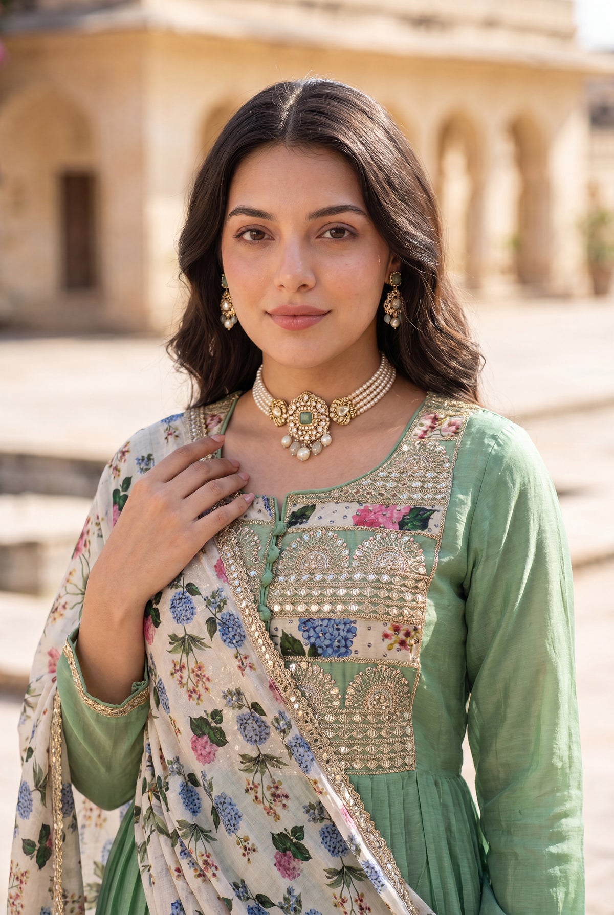 Pastel Green Chanderi Embroidered Suit Set