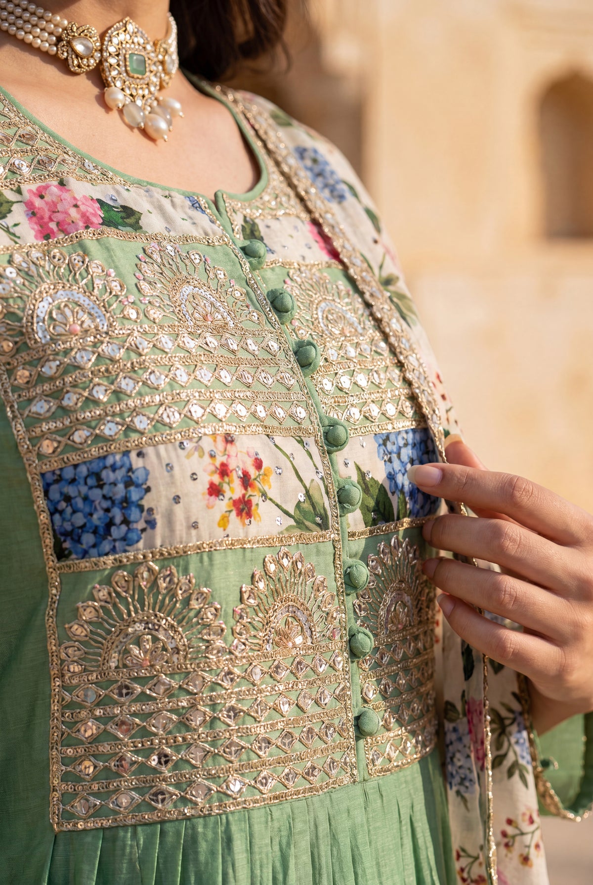 Pastel Green Chanderi Embroidered Suit Set