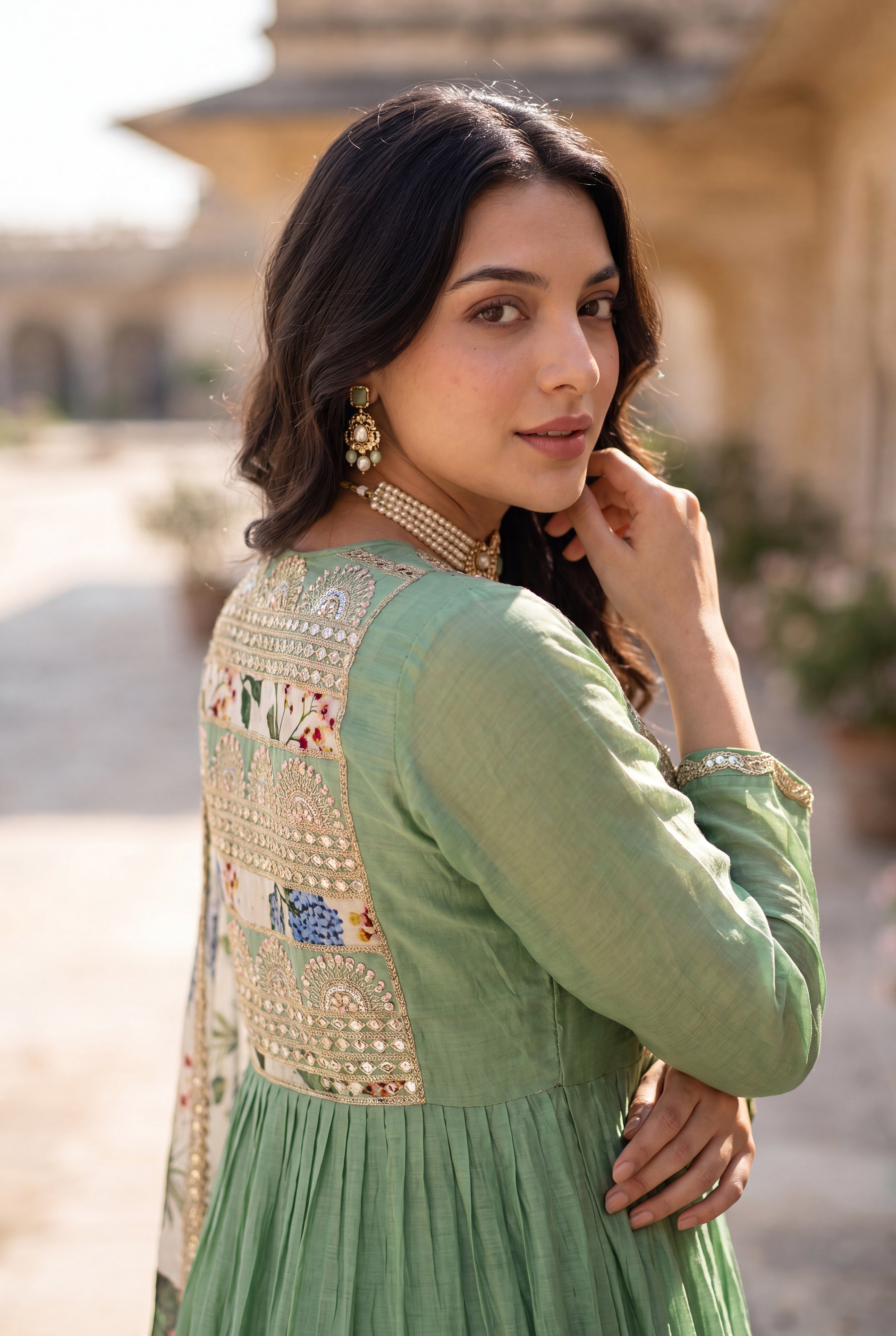 Pastel Green Chanderi Embroidered Suit Set