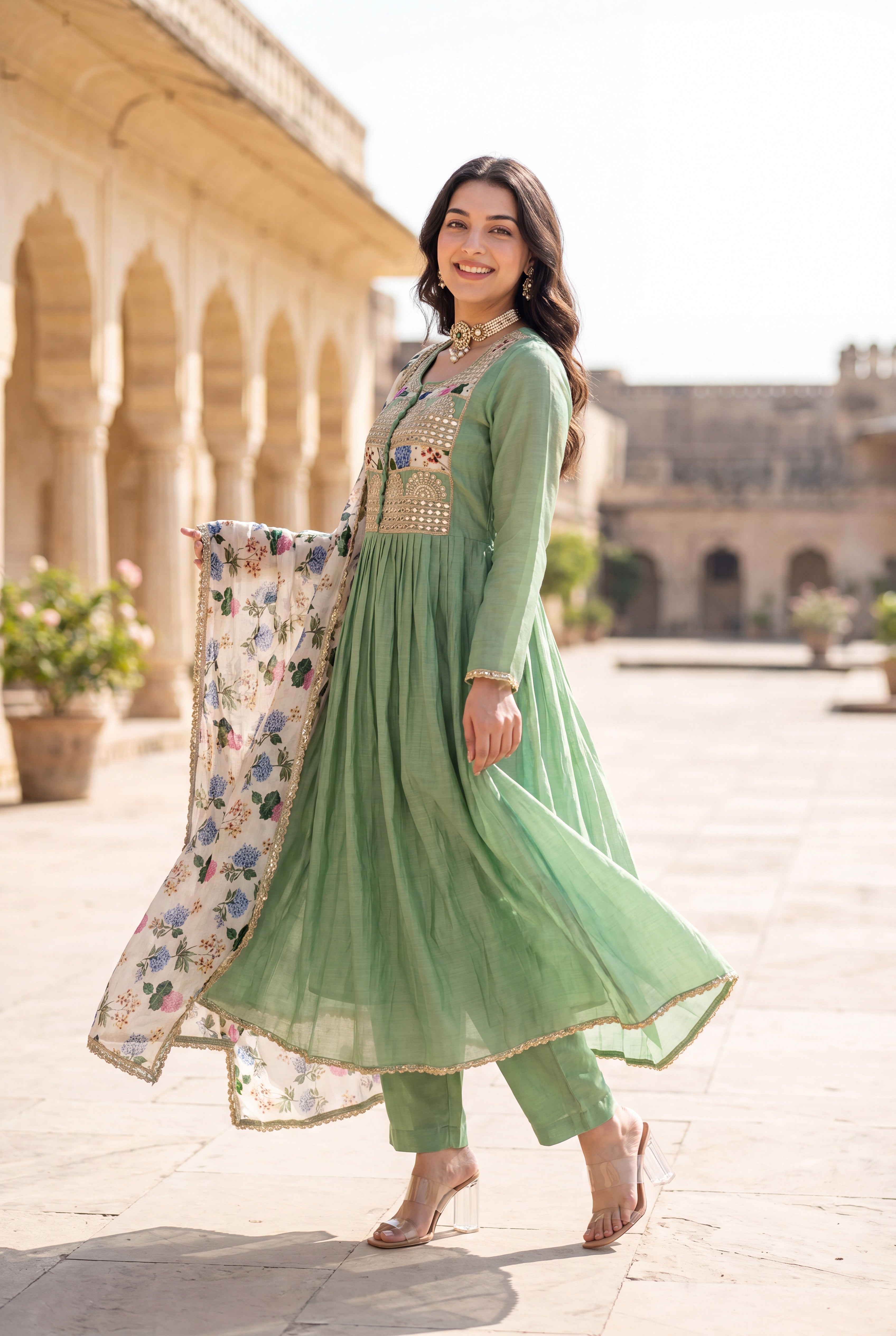 Pastel Green Chanderi Embroidered Suit Set