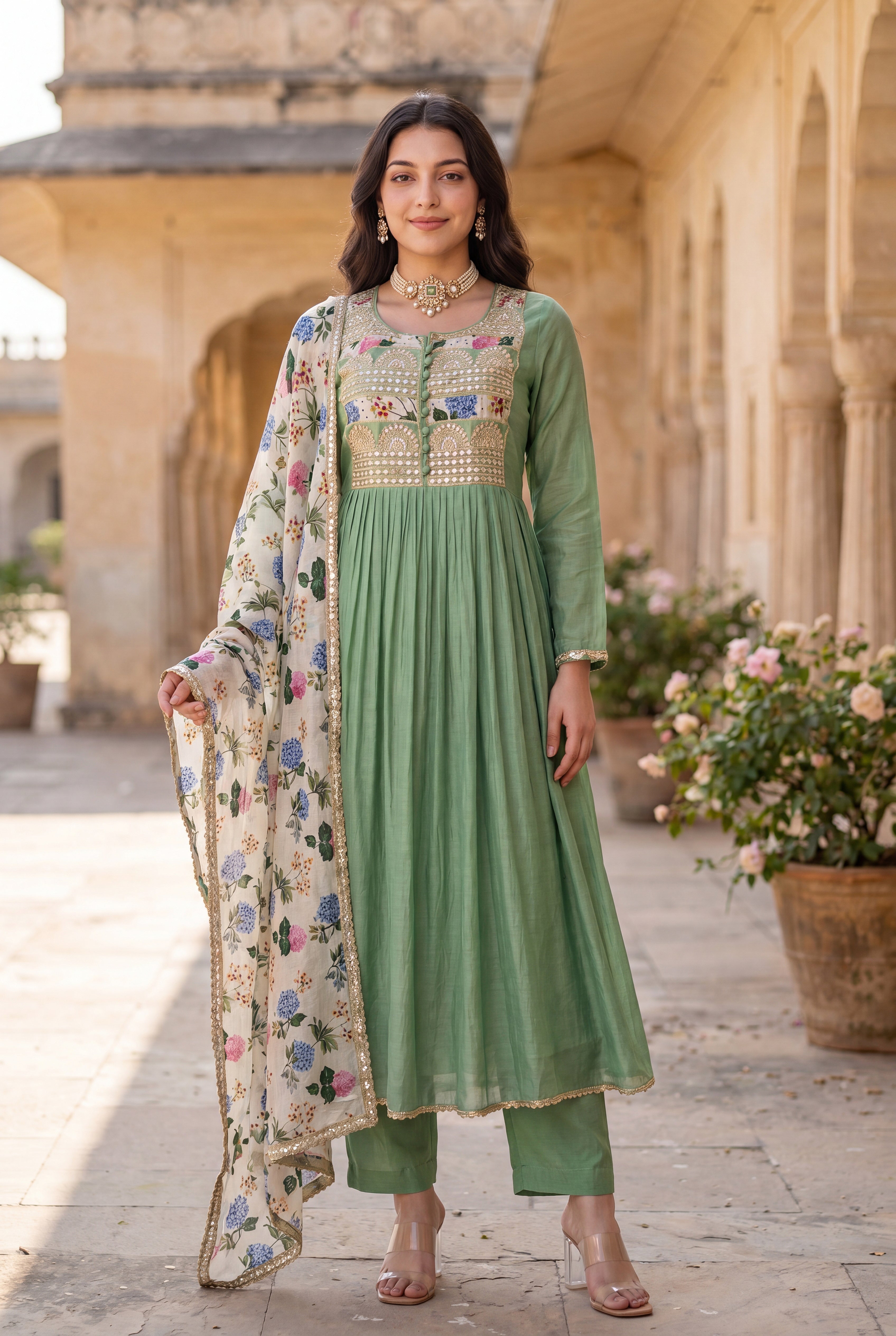 Pastel Green Chanderi Embroidered Suit Set