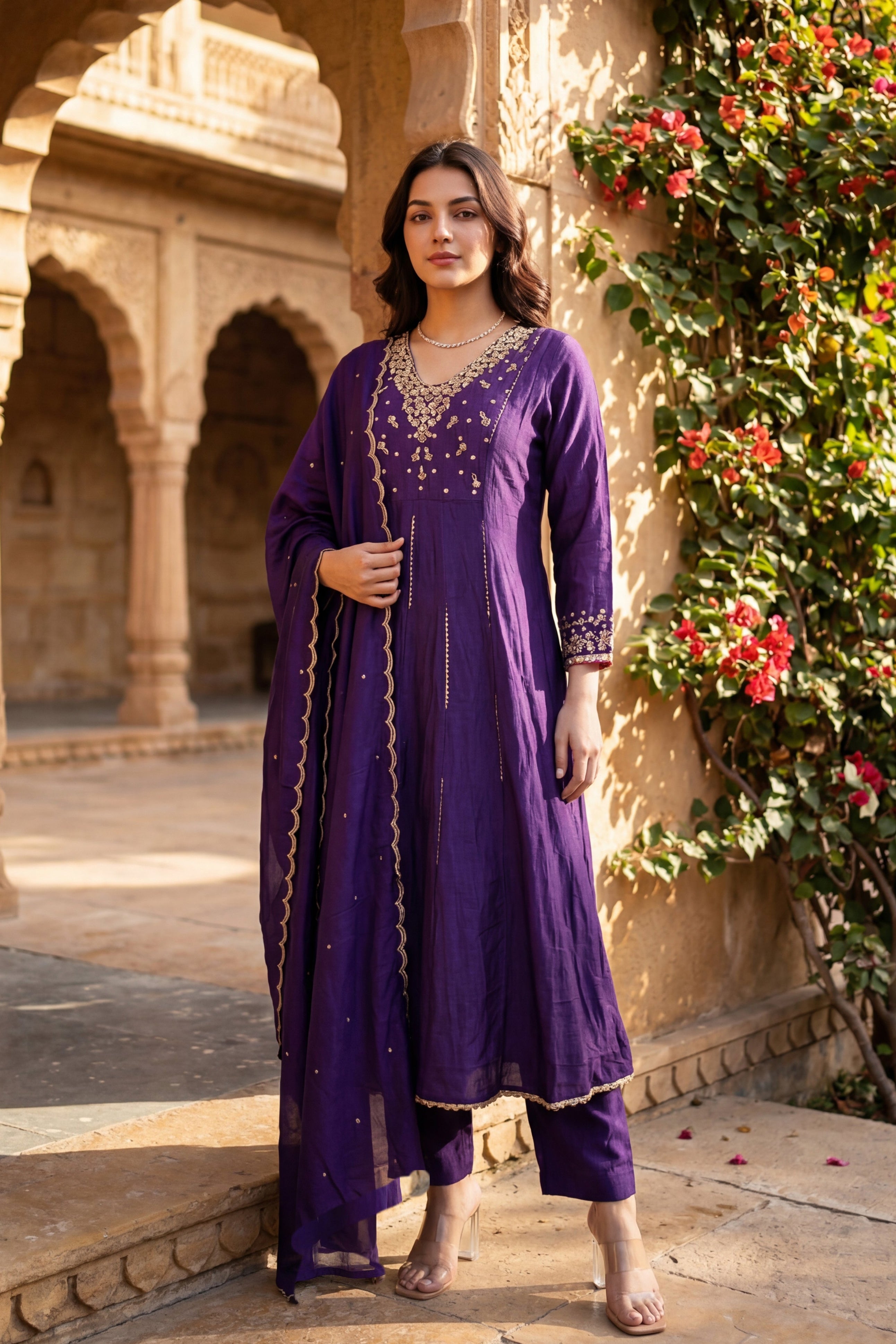 Regal Berry Mul Chanderi Suit Set